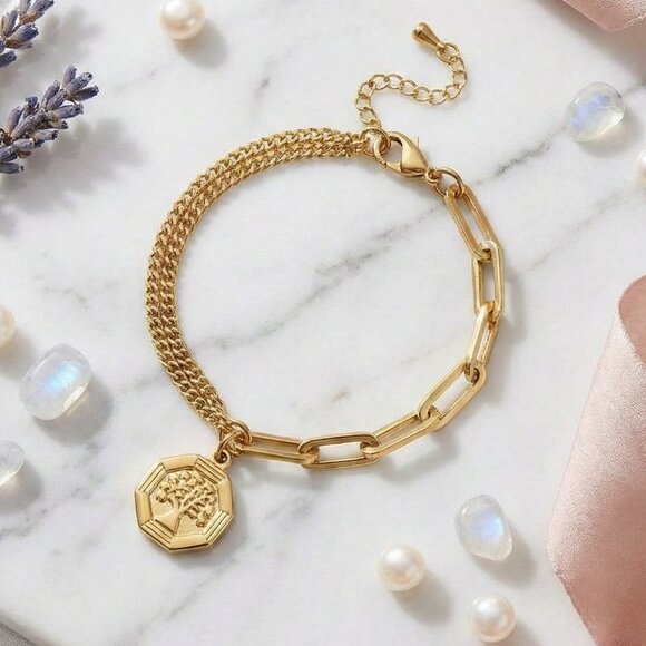 18K Gold Plated Stainless Steel Tree of Life Charm Paperclip Chain Bracelet - Picture 10 of 15